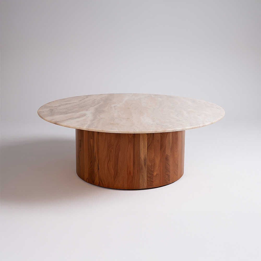 Table basse FORMEL ronde en bois d'acacia naturel et plateau marbre blanc Ø100x40cm